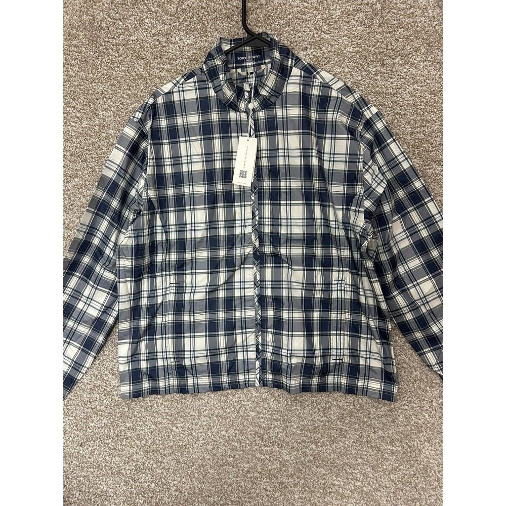 Tory Burch Sport Academy Blue Easy Plaid Windbreaker Lightweight Jacket Size XL